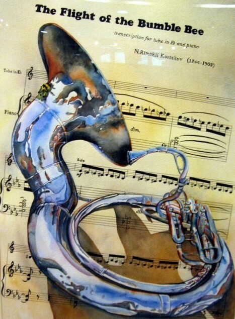 A bass helicon lies atop sheet music of The Flight of the Bumble bee